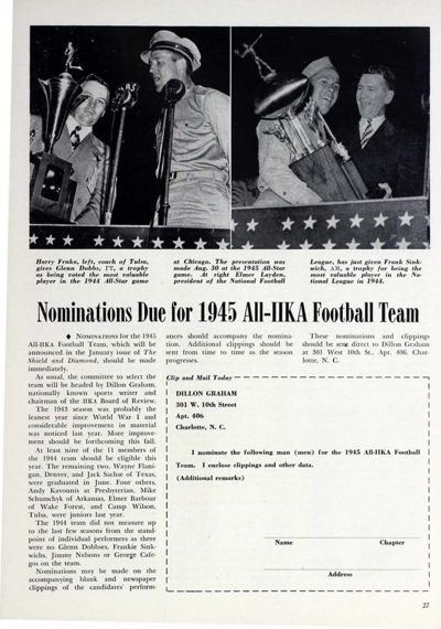Nominations Due For 1945 All-PiKA Football Team